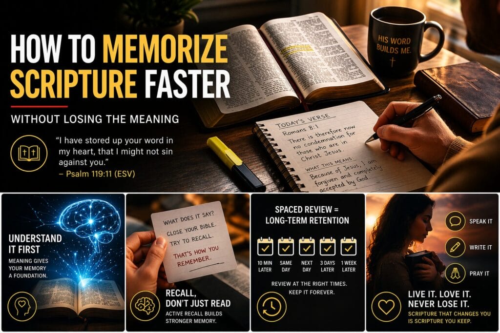 Memorizing Scripture with Bible, notebook, and coffee on desk – how to memorize scripture faster with meaning