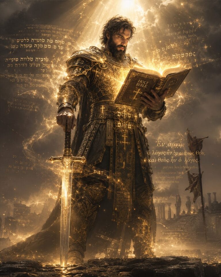 A warrior-scholar in ornate ancient armor reading a glowing Bible while holding a sword on a misty battlefield, surrounded by radiant golden light and ancient script. Caption