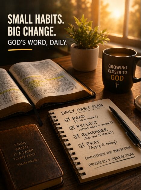 Focused daily Bible study habit with open Bible notebook and structured routine
