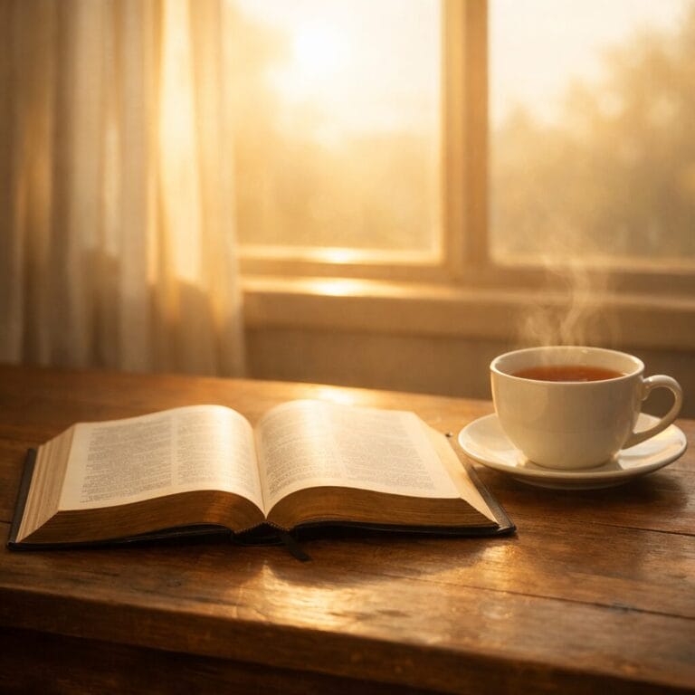 Open Bible on a table with warm sunlight streaming through a window