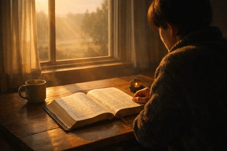 Person reading the Bible by a window in warm morning light