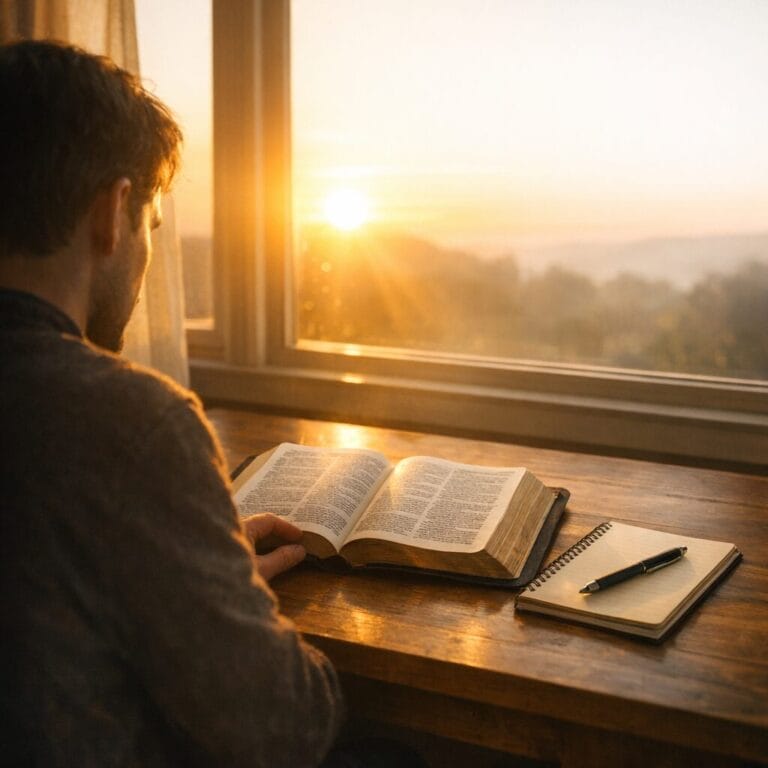 Person studying the Bible with notebook in warm morning light